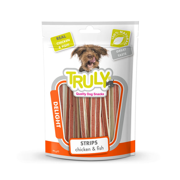 TRULY DOG CHCK&FSH STRIPS SFT SN 90 GR