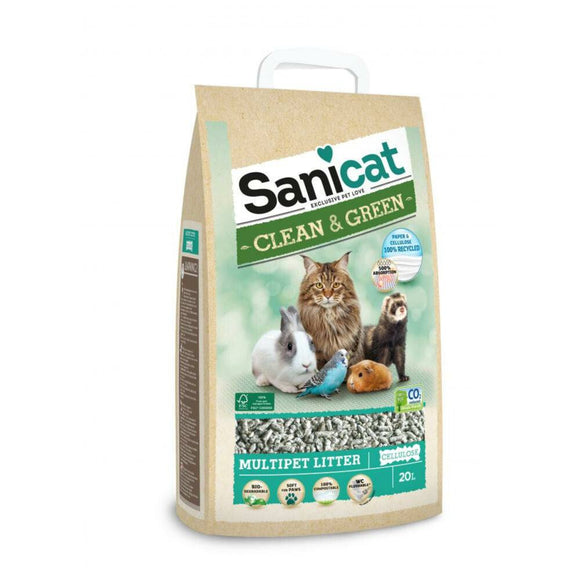 Sanicat Clean & Green Papier Recycle 20 liter is een hygiënisch bedje van papier. Deze kattenbakvulling is efficiënt in het vasthouden van de urine en het onder controle houden van de geuren. Door de samenstelling van 100% gerecycleerd papier, is het een composteerbaar bedje. Geschikt voor katten en andere huisdieren.