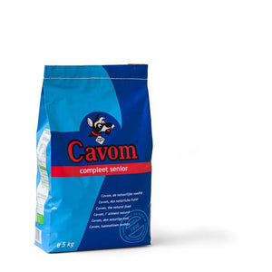 Cavom Compleet Senior 5 kg Cavom compleet senior is een volledige voeding voor de oudere hond. Cavom compleet senior heeft een lager eiwitgehalte, bovendien zijn de eiwitten aangepast. De granen met o.a. mais, tarwe en rijst zijn praktisch geheel ontsloten. 