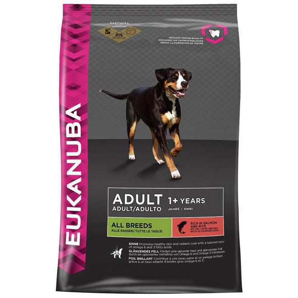 Eukanuba Dog Adult All Zalm 12 kg Eukanuba’s volwassen recept, rijk aan zalm en rijst, is speciaal samengestelde voeding voor alle hondenrassen. Dit droogvoer voor honden bevat een optimale verhouding van omega 6- en omega 3-vetzuren voor een gezonde huid en een stralende vacht, en hoogwaardige dierlijke eiwitten.