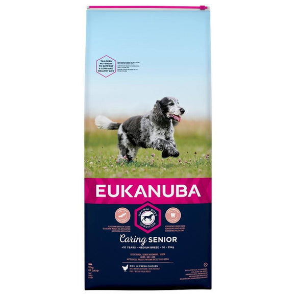 Eukanuba Dog Caring Senior Medium 12 kg Het unieke Caring Senior-variant is speciaal samengesteld om een optimale lichaamsconditie en actieve mobiliteit te ondersteunen. Geschikt voor honden van kleine rassen van 11 jaar en ouder. Onze smakelijke, kleine brokjes zijn rijk aan verse kip.