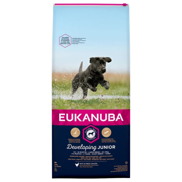 Eukanuba Dog Developing Junior Large 12 kg Het unieke Ontwikkelende Junior-recept is speciaal samengesteld om een optimale lichaamsconditie en een gezonde groei en ontwikkeling te ondersteunen. Geschikt voor honden van grote rassen tussen 12 en 18 maanden oud en honden van zeer grote rassen tussen 14 en 24 maanden oud.