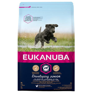 Eukanuba Dog Developing Junior Large 3 kg Het unieke Ontwikkelende Junior-recept is speciaal samengesteld om een optimale lichaamsconditie en een gezonde groei en ontwikkeling te ondersteunen. Geschikt voor honden van grote rassen tussen 12 en 18 maanden oud en honden van zeer grote rassen tussen 14 en 24 maanden oud.