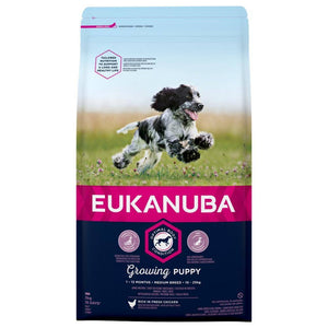Eukanuba Dog Growing Puppy Medium 3 kg Het unieke Growing Puppy-variant is speciaal samengesteld om een optimale lichaamsconditie en een gezonde groei en ontwikkeling te ondersteunen. Geschikt voor puppy’s van middelgrote rassen tot 12 maanden oud. 