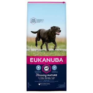 Eukanuba Dog Thriving Mature Large 12 kg Deze unieke Thriving Mature-variant is speciaal samengesteld om een optimale lichaamsconditie en gezond ouder worden te ondersteunen. Geschikt voor honden van grote rassen van 6 tot 9 jaar en honden van zeer grote rassen van 5 tot 8 jaar. Deze smakelijke, grote brokken zijn rijk aan verse kip.