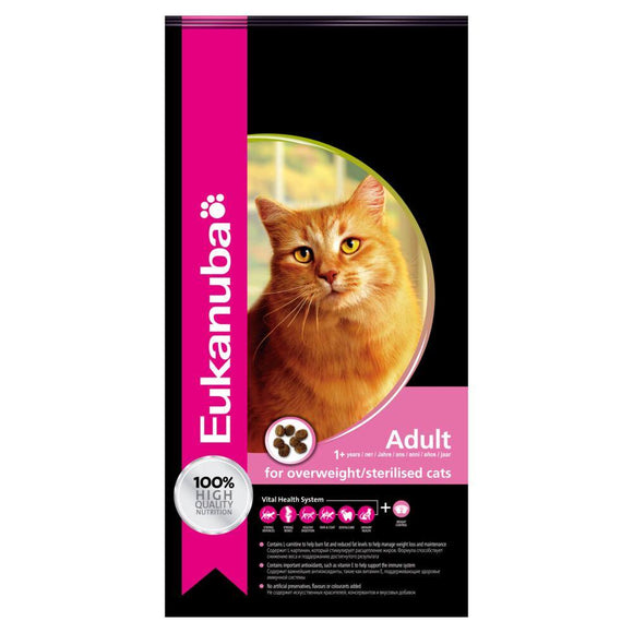 Eukanuba Kat Adult Overweight - Sterilised Kip En Lever 10 kg Eukanuba voor gesteriliseerde katten/gewichtsbeheersing, rijk aan kip, is volledig en uitgebalanceerd om alle voedingsstoffen te leveren welke jouw volwassen kat nodig heeft. Deze voeding is speciaal afgestemd op de behoeften van katten met aanleg voor gewichtstoename. 