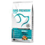 Euro-Premium Adult Derma+ bevat verse zalm is een super-premium hondenvoeding voor een gezonde huid en vacht. Sommige honden reageren gevoelig op bepaalde ingrediënten met huidreacties tot gevolg. Deze hypoallergene receptuur is samengesteld zonder granen en bevat zalm als alternatieve, enkelvoudige dierlijke eiwitbron
