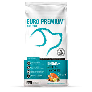 Euro-Premium Adult Derma+ bevat verse zalm is een super-premium hondenvoeding voor een gezonde huid en vacht. Sommige honden reageren gevoelig op bepaalde ingrediënten met huidreacties tot gevolg. Deze hypoallergene receptuur is samengesteld zonder granen en bevat zalm als alternatieve, enkelvoudige dierlijke eiwitbron