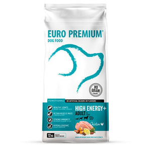 EuroPremium Adult High Energy+ is een super-premium voeding voor zeer actieve honden en honden die herstellen na een blessure, ziekte of operatie. Een voeding met een hoog eiwit- en vetpercentage is nodig om tegemoet te komen aan de energiebehoefte. Kip bevat een hoge kwaliteit eiwit om een droge bespiering te behouden