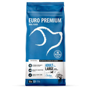 Euro-Premium Adult Large Kip is een volledige, super-premium voeding voor volwassen honden van grote rassen. Een optimale weerstand en een gezonde spijsvertering worden ondersteund door de toevoeging van een unieke blend van plantenextracten - rijk aan antioxidanten - aangevuld met prebiotica en β-glucanen