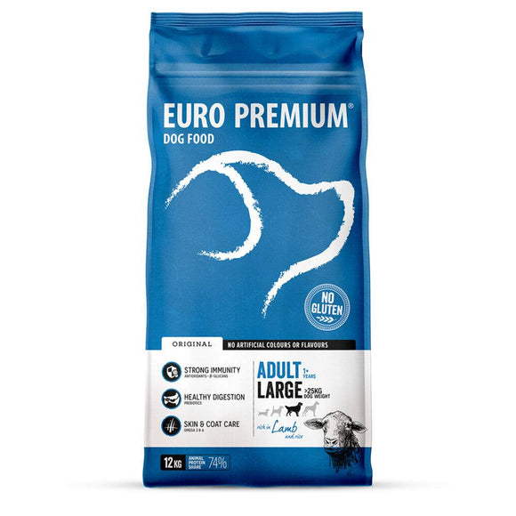 Euro-Premium Adult Large Lam is een volledige, super-premium voeding voor volwassen honden van grote rassen. Een optimale weerstand en een gezonde spijsvertering worden ondersteund door de toevoeging van een unieke blend van plantenextracten - rijk aan antioxidanten - aangevuld met prebiotica en β-glucanen