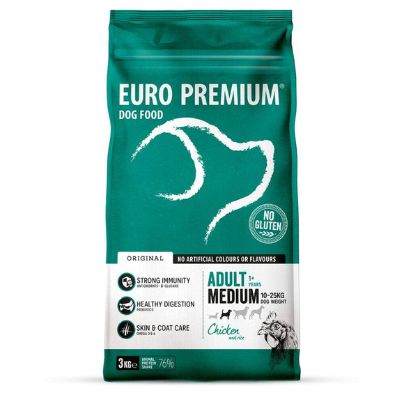 Euro-Premium Adult Medium Kip - Rijst is een super-premium voeding voor volwassen honden van middelgrote rassen. Een optimale weerstand en een gezonde spijsvertering worden ondersteund door de toevoeging van een unieke blend van plantenextracten - rijk aan antioxidanten - aangevuld met prebiotica en β-glucanen