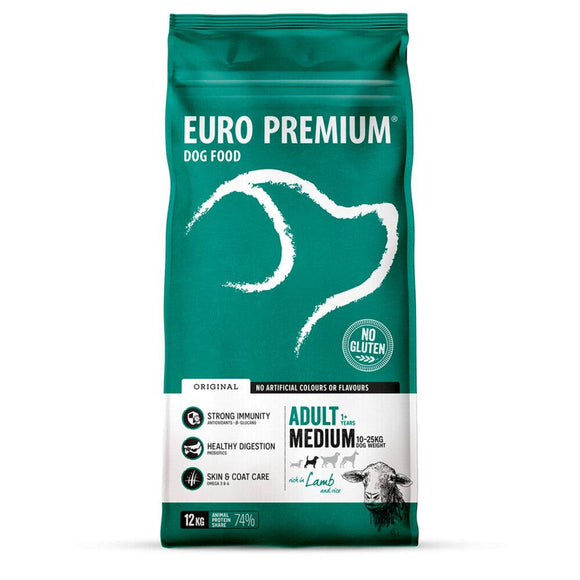 Euro-Premium Adult Medium Lam - Rijst is een super-premium voeding voor volwassen honden van middelgrote rassen. Een optimale weerstand en een gezonde spijsvertering worden ondersteund door de toevoeging van een unieke blend van plantenextracten - rijk aan antioxidanten - aangevuld met prebiotica en β-glucanen