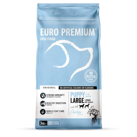 Euro-Premium Puppy Large Kip - Rijst is een voeding voor opgroeiende honden van grote rassen (1-18 maanden en vanaf 25kg volwassen gewicht). Weerstand en een gezonde spijsvertering worden ondersteund door de toevoeging van een blend van plantenextracten - rijk aan antioxidanten - aangevuld met prebiotica en β-glucanen