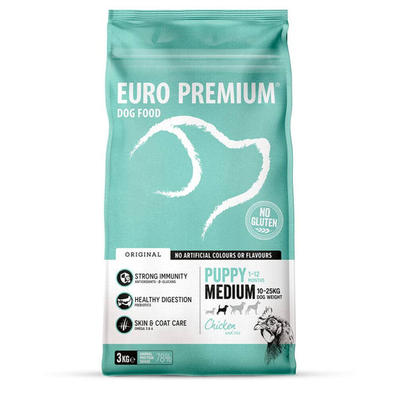 EuroPremium Puppy Medium Kip-Rijst is een voeding voor opgroeiende honden van middelgrote rassen 1-12 maanden en 10-25kg volwassen gewicht. Voeding voor optimale groei is aanbevolen voor drachtige en zogende honden. Weerstand en spijsvertering worden ondersteund door de toevoeging van een blend van plantenextracten