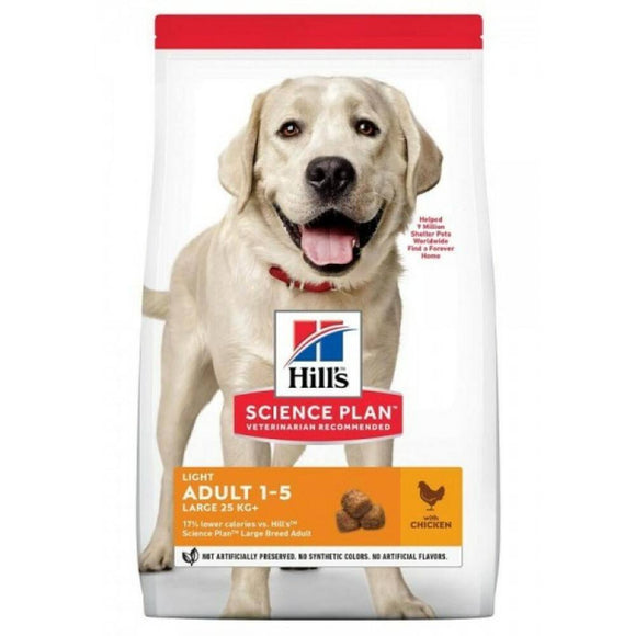 Hills Canine Adult Large Light Chicken 12 kg biedt gebalanceerde voeding voor minder actieve volwassen honden van een groot ras, die minder calorieën nodig hebben om een gezond gewicht en levensstijl te behouden. Houdt je hond verzadigd tussen de maaltijden. Omega 6-vetzuren en vitamine E voor een mooie huid en vacht