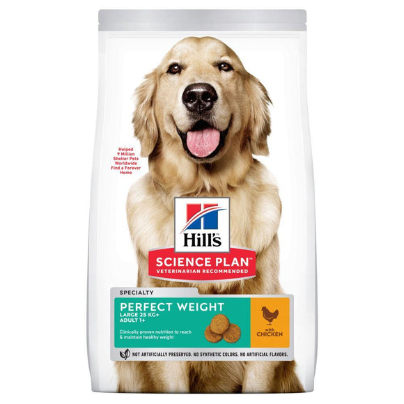 Hill's Canine Adult Perfect Weight Kip Large 12kg hondenvoer biedt klinisch bewezen voeding om gezond gewicht te bereiken en te behouden. Samenstelling met vezels en eiwitten, verrijkt met L-carnitine en kokosolie helpt het metabolisme van huisdieren ondersteunen. Prebiotische vezels voor een gezonde spijsvertering