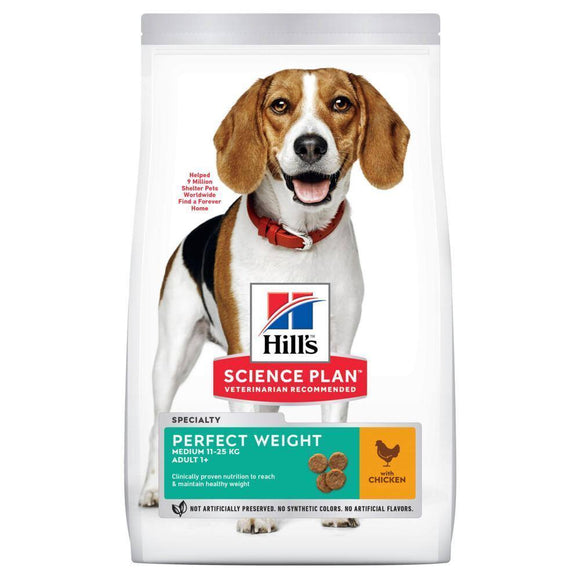 Hill's Canine Adult Perfect Weight Kip Medium 12kg hondenvoer biedt klinisch bewezen voeding om een gezond gewicht te bereiken en te behouden. Samenstelling met vezels en eiwitten, verrijkt met L-carnitine en kokosolie helpt het metabolisme van huisdieren ondersteunen. Gewichtsbehoud en langdurige gewichtsondersteuning