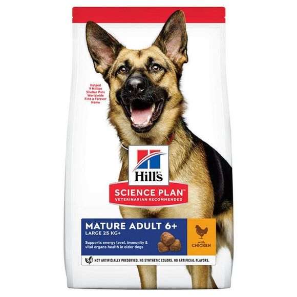 Hill's Canine Mature Adult Large Kip 12kg is samengesteld voor verouderingsbehoeften van grote honden. Biedt licht verteerbare voeding om het energie- en activiteitenniveau te ondersteunen. Ondersteunt de gezondheid van gewrichten met glucosamine en chondroïtine. Gebalanceerde mineralen voor de gezondheid van hart