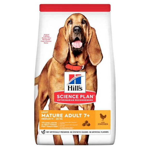 Hills Canine Mature Adult Medium Light Chicken 12kg biedt gebalanceerde voeding voor minder actieve oudere volwassen honden die een caloriearm voer nodig hebben om een gezond gewicht en levensstijl te behouden. Houdt je hond verzadigd tussen de maaltijden. Omega 6-vetzuren en Vitamine E voor een mooie huid en vacht