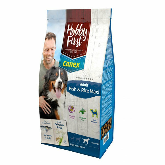 HobbyFirst Canex Fish & Rice Adult Maxi Een licht verteerbare en complete voeding voor volwassen honden van grote rassen. Specifiek voor honden die aanleg hebben voor spijsverteringsproblemen en/of een gevoelige huid en vacht. Volledig hypo-allergene voeding. Het grote brokformaat geeft jouw hond voldoende te kauwen