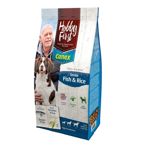Hobby First Canex Senior Vis & Rijst 12kg Een licht verteerbare, complete en uitgebalanceerde voeding voor oudere honden van alle rassen. Specifiek voor honden die aanleg hebben voor spijsverteringsproblemen en/of een gevoelige huid en vacht. Senior Fish & Rice is een hypoallergene voeding