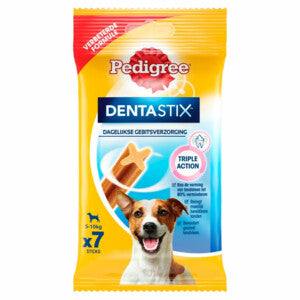 Pedigree DentaStix De Dentastix Mini van PEDIGREE® hebben een reinigende werking op het gebit van volwassen honden vanaf 10kg. De x-vorm verwijdert vuil aan de oppervlakte en de ingrediënten maken tandplak onschadelijk. Bij dagelijks gebruik helpt het de vorming van tandplak tot 80% te verminderen