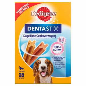 Pedigree Dentastix Multipack Medium zijn voor volwassen honden van gemiddelde grootte, en hebben een reinigende werking op het gebit. De x-vorm verwijdert vuil aan de oppervlakte en de ingrediënten maken tandplak onschadelijk. Bij dagelijks gebruik helpt het de vorming van tandplak tot 80% te verminderen