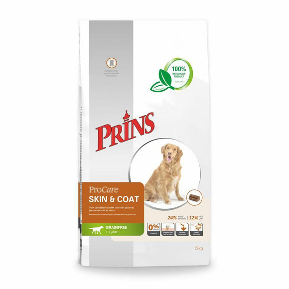 Prins Hondenvoer ProCare Grainfree Skin & Coat ProCare Grainfree Skin & Coat is een hoogwaardige graanvrije voeding speciaal voor honden voor een gezonde, glanzende huid en vacht. Ook bijzonder geschikt voor honden met een lagere energiebehoefte