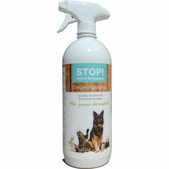 STOP! Animal Bodyguard Omgevingsspray Hét groene alternatief! Dit ecologisch product vernevel je in de omgeving. Deze spray heeft een natuurlijke samenstelling die een fysieke barrière vormt voor vlooien in de omgeving.