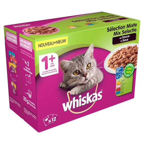 Whiskas Adult Multipack Mix in Saus is ontwikkelt met geselecteerde natuurlijke ingrediënten +vitaminen +mineralen, ze geven je kat alle voedingsstoffen die ze nodig heeft voor een lang en gelukkig leven: Met zink en zonnebloemolie, een natuurlijke bron van omega-6-vetzuren, voor een gezonde huid & vacht
