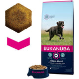 Eukanuba Dog Active Adult Large 12kg aanbevolen voor grote honden zoals Duitse herders, labradors, rottweilers en golden retrievers. Helpt bij het ondersteunen van gezonde gewrichten en bevat een verlaagd vetniveau voor een optimaal gewicht waardoor de belasting van de gewrichten wordt beperkt