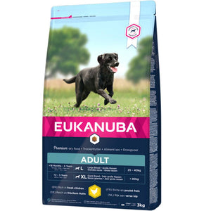 Eukanuba Dog Active Adult Large 3 kg Het unieke Actief Volwassen-recept is speciaal samengesteld om een optimale lichaamsconditie en een gezonde groei en ontwikkeling te ondersteunen. Geschikt voor honden van grote rassen tussen 18 maanden en 6 jaar oud en honden van zeer grote rassen tussen 2 en 5 jaar oud.